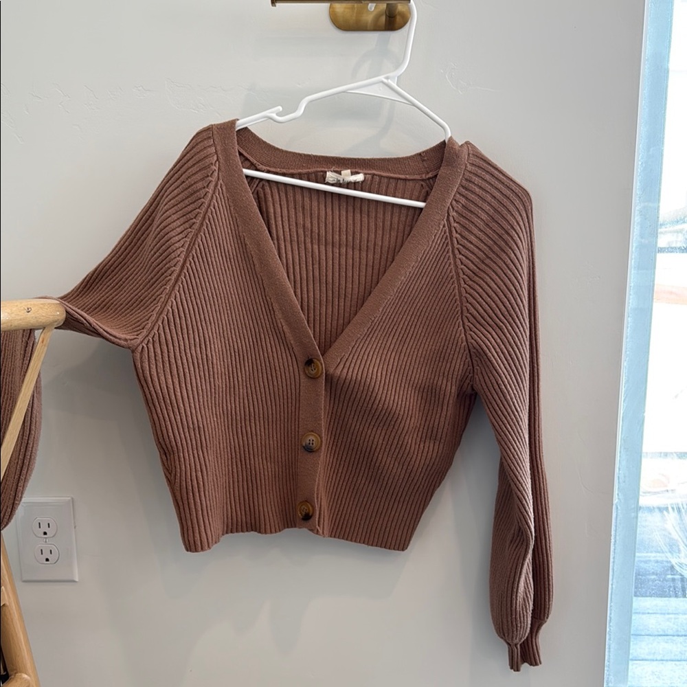 Brown Ribbed Button-Up Cardigan